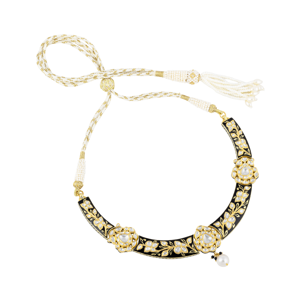Black Enamel Hasli Necklace with Polki & Gold Floral Motifs